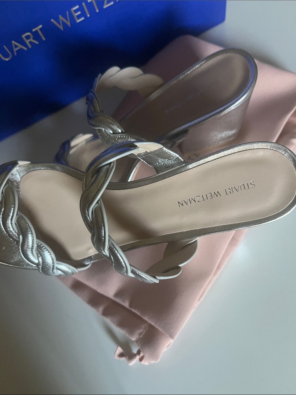 Size 7.5 Stuart Weitzman Metallic Silver Braided-Strap Slide Mules - Picture 8 of 11